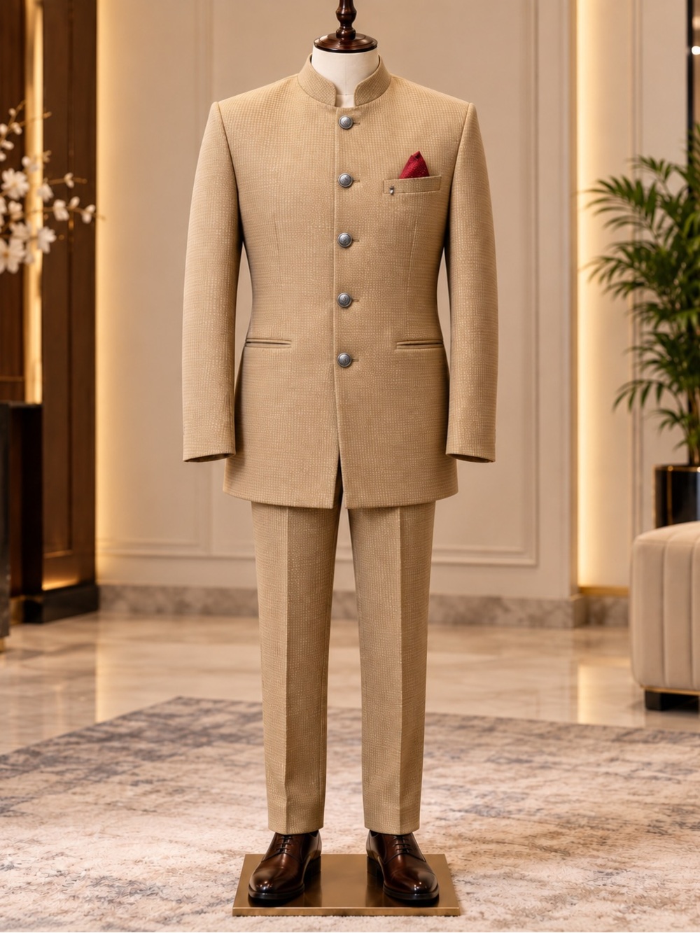Men’s Beige Gold 2-Piece Indo-Western Suit Set – Size 44